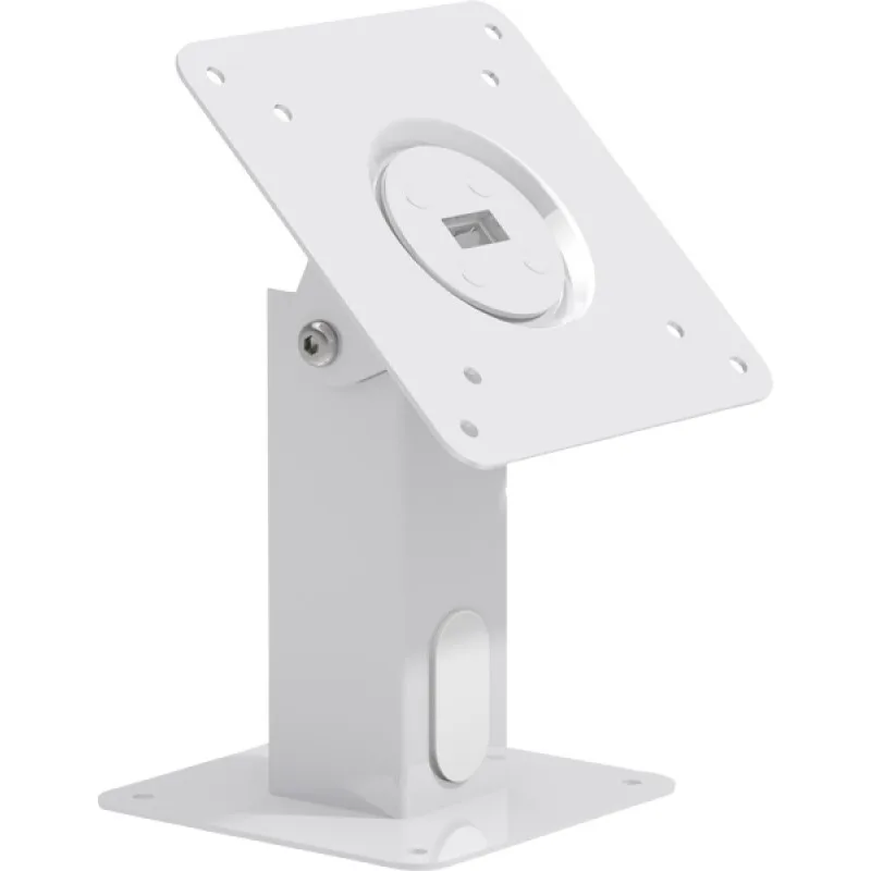 White steel VESA surface mount with 360-degree tilt and swivel, rectangular cable hole, oval side cap