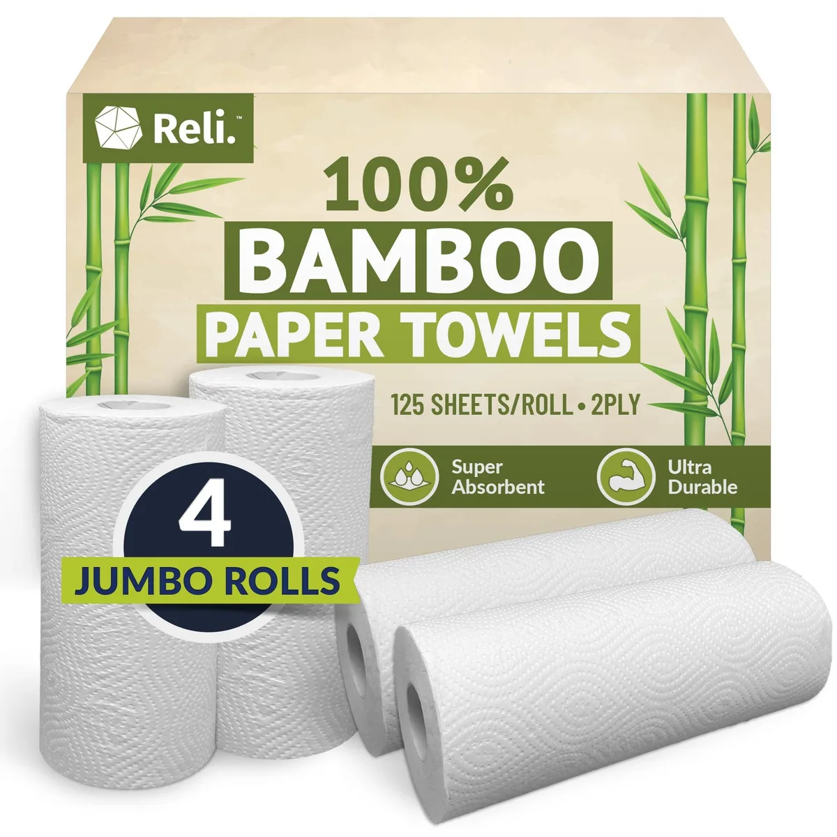 Four white bamboo paper towel rolls in recyclable packaging