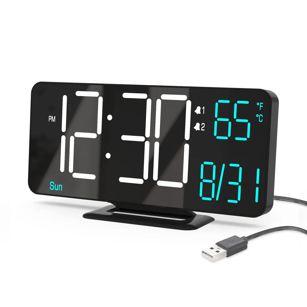 Black rectangular LED clock with white and blue digits on a dark face