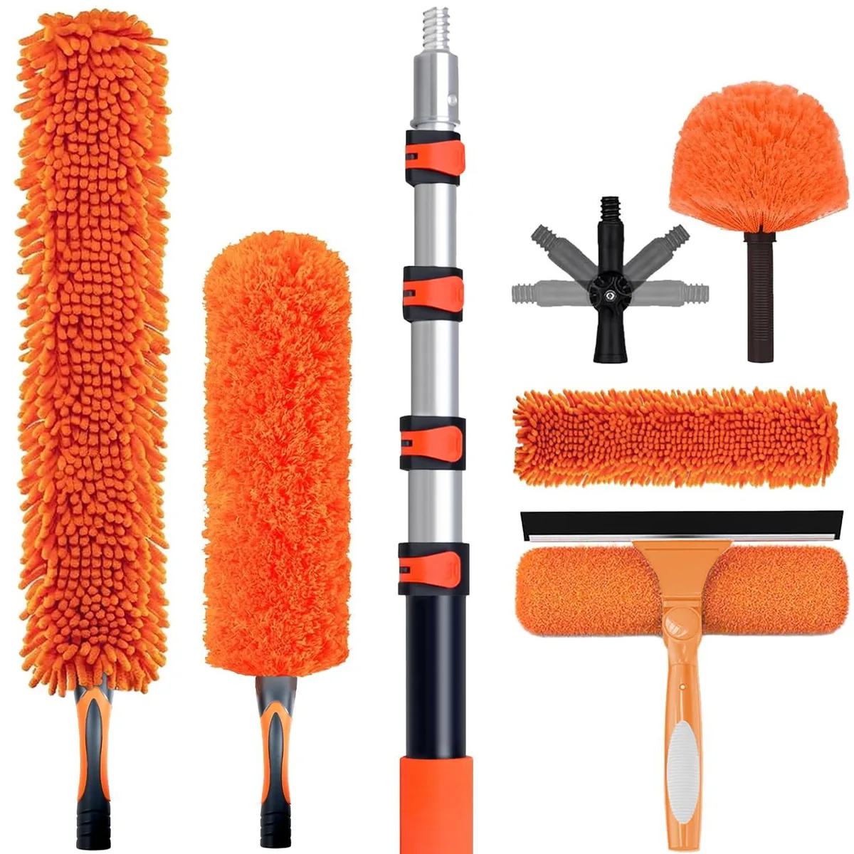Orange telescopic aluminium pole with bendable microfiber duster head, squeegee and wall rack
