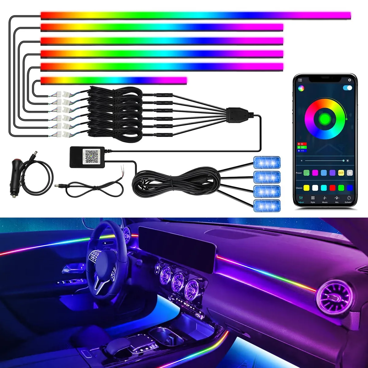  Dreamcolor Acrylic Car Ambient Light Kit 10-in-1 175in 593 LED App Control — product photo