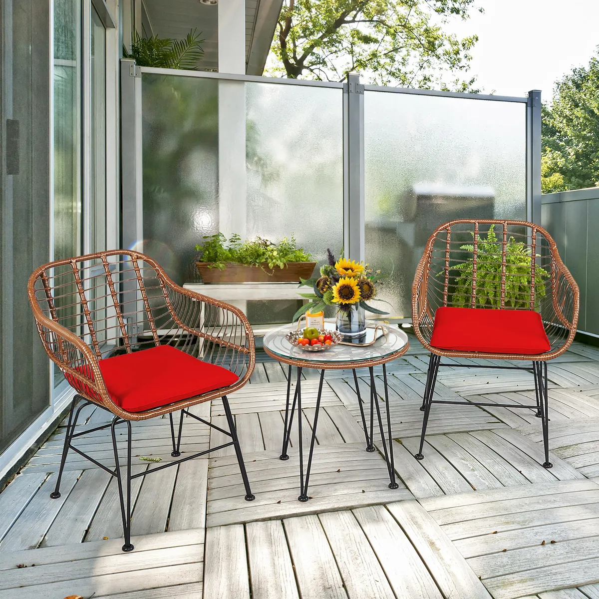 Costway Costway 3-Piece Rattan Bistro Set Red Cushions — product photo