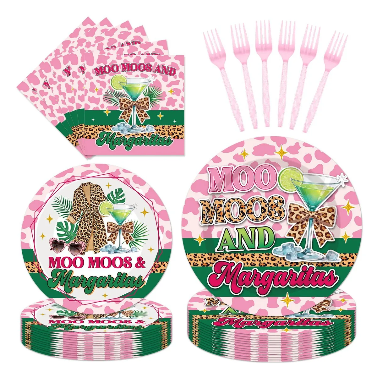 Boxed set of paper plates, napkins and pink forks in leopard-print packaging