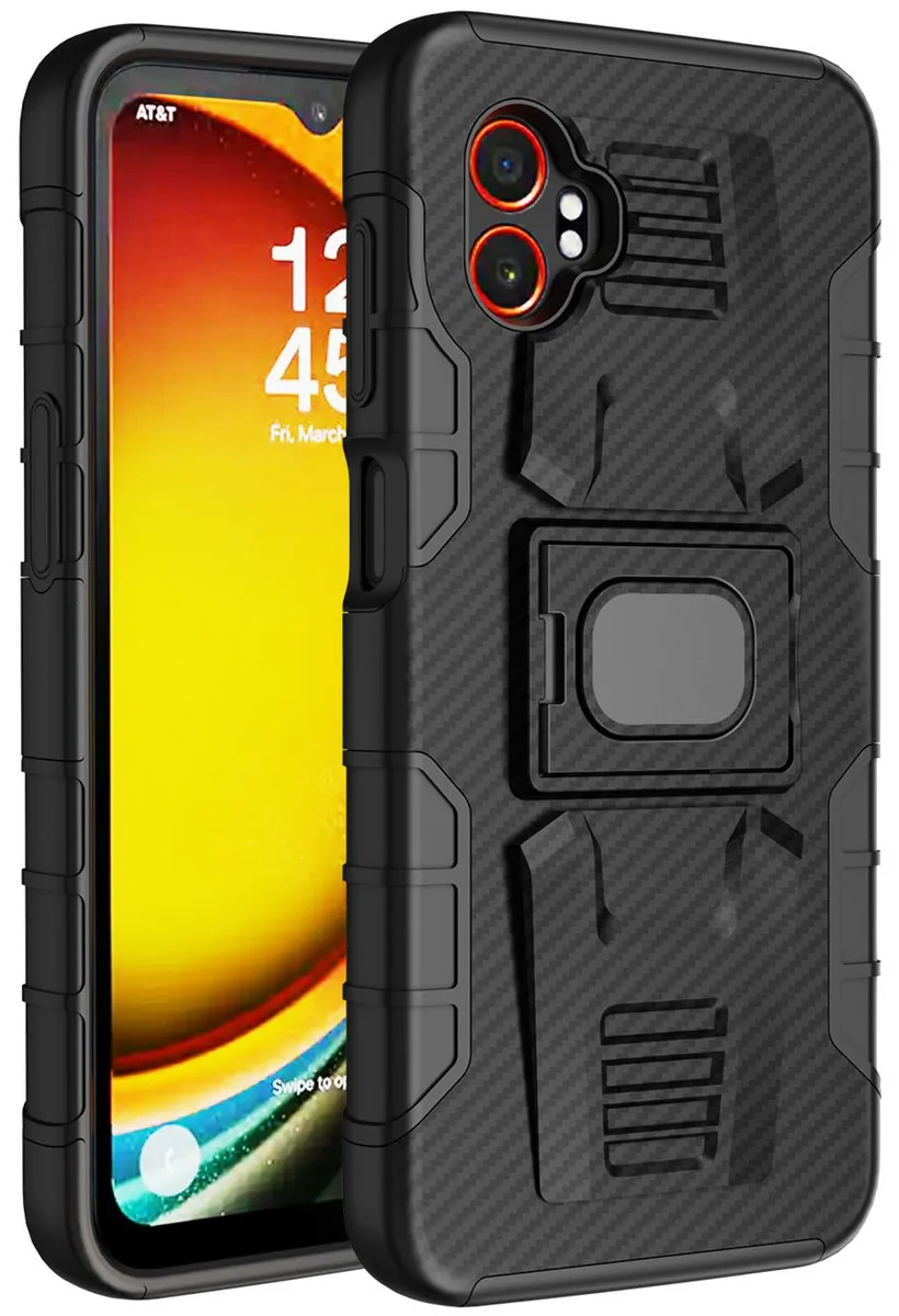 Nakedcellphone Nakedcellphone Rugged Ring Grip Case with Stand for Samsung Galaxy XCover 7 Pro (SM-G766) Carbon Fiber — product photo