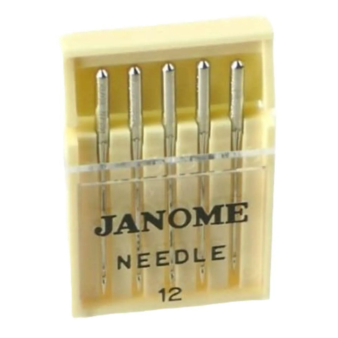 Small rectangular pack containing five silver sewing needles with slightly rounded sharp points