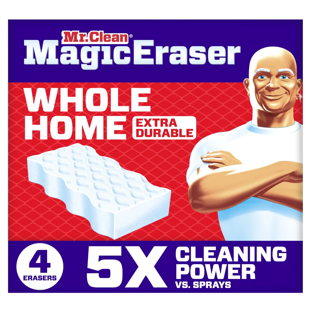 Four white rectangular melamine cleaning sponges in a pack