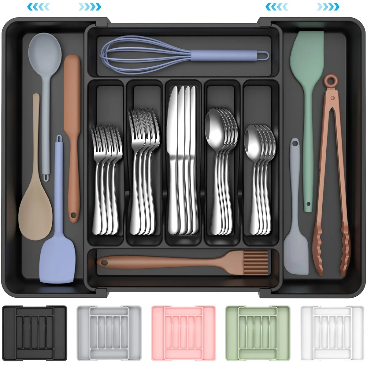 Black expandable cutlery tray with multiple compartments, width adjustable from 12.4 to 21 inches
