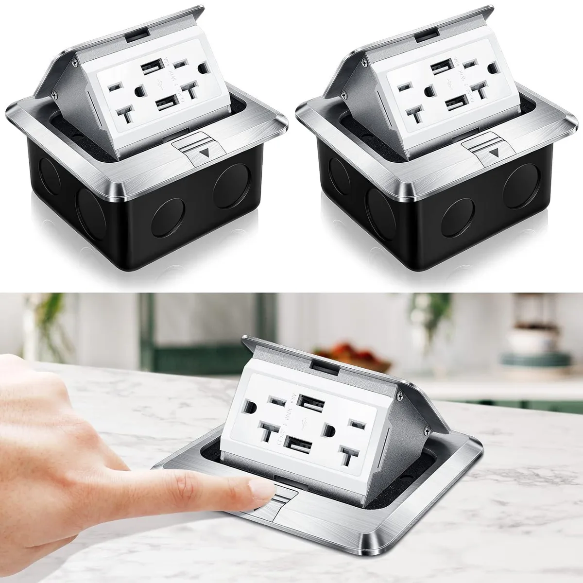 Two silver pop-up floor outlet boxes with USB ports and tamper-resistant receptacles