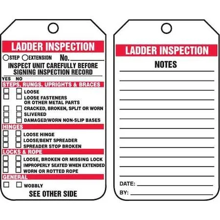 Pack of twenty-five white cardstock ladder inspection tags with reinforced mounting holes