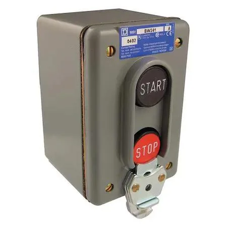 Grey zinc wall-mounted enclosure with black and red push buttons, 30 mm