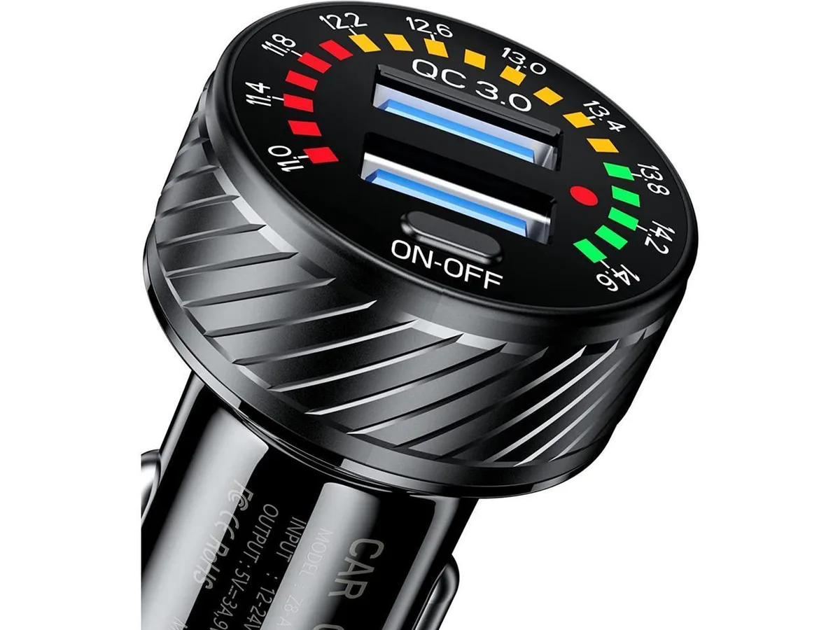 KEHIPI KEHIPI Dual QC3.0 Car Charger 36W 18W/Port Voltmeter Switch Black — product photo