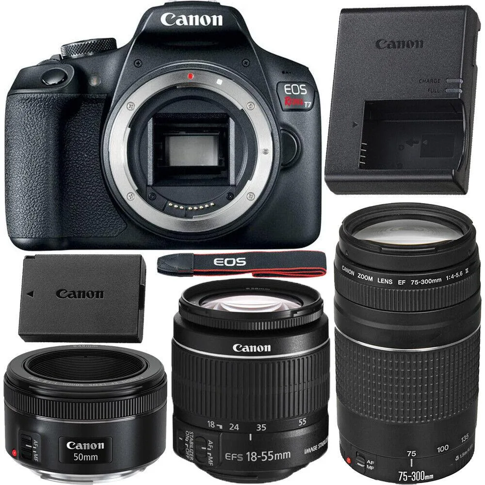 Canon International Canon International EOS Rebel T7 DSLR camera with 18-55mm 75-300mm 50mm lenses — product photo