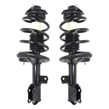 Two silver front strut assemblies with coil springs and top mounts