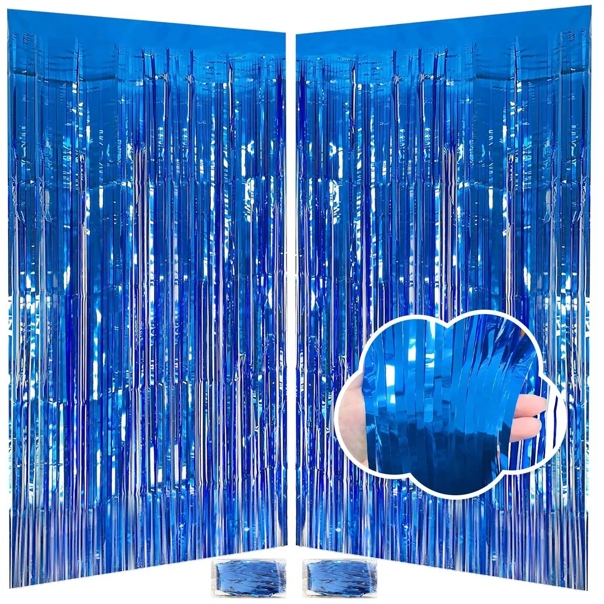 Two blue metallic foil tinsel curtains, each 3.3 by 8.2 feet, with peel-and-stick backing