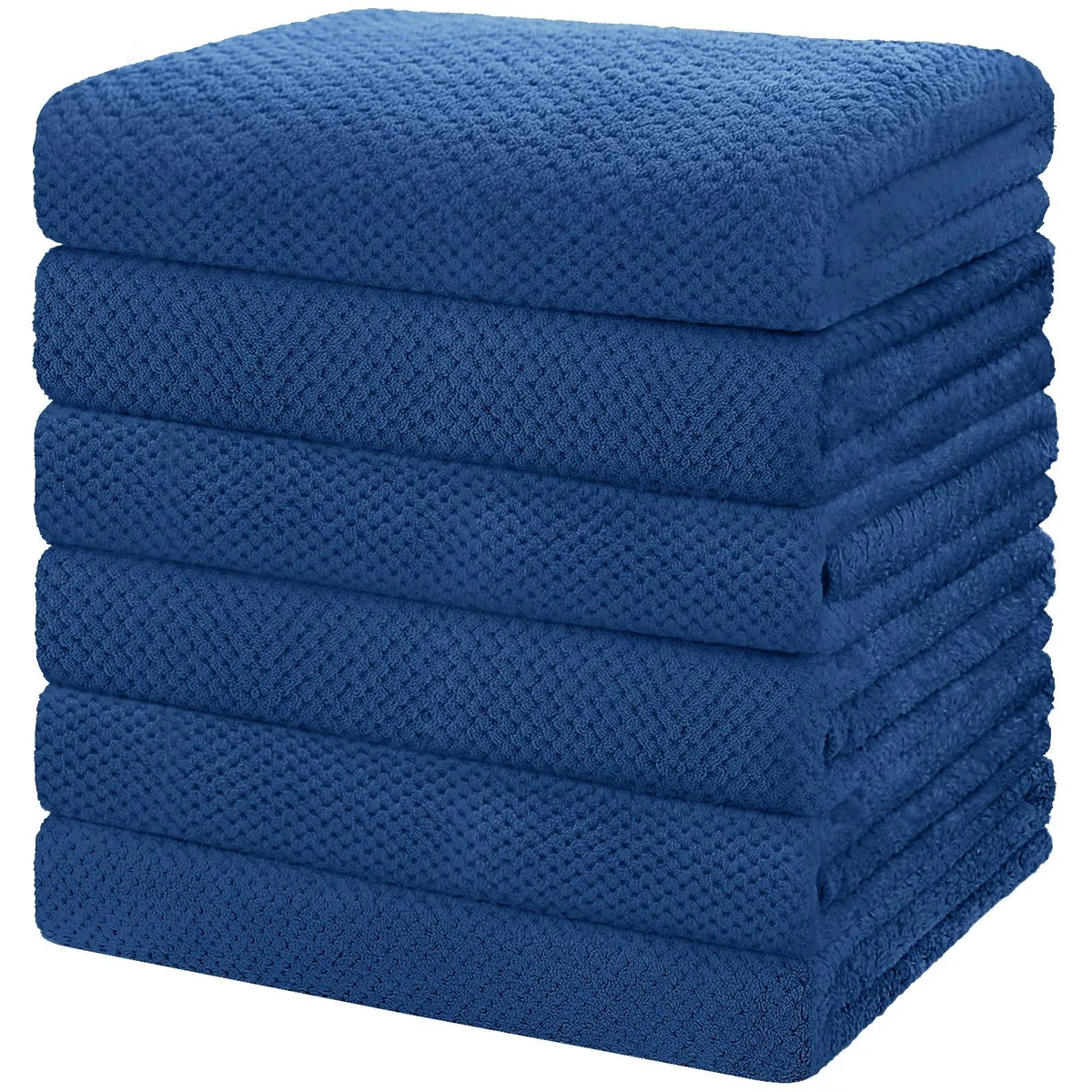 Six blue microfibre bath towels folded in a stack