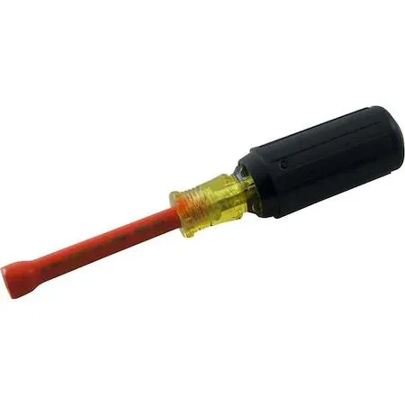 A 5 mm insulated nut driver with a 6 in shaft, cushioned non-slip handle, orange and yellow insulation layers