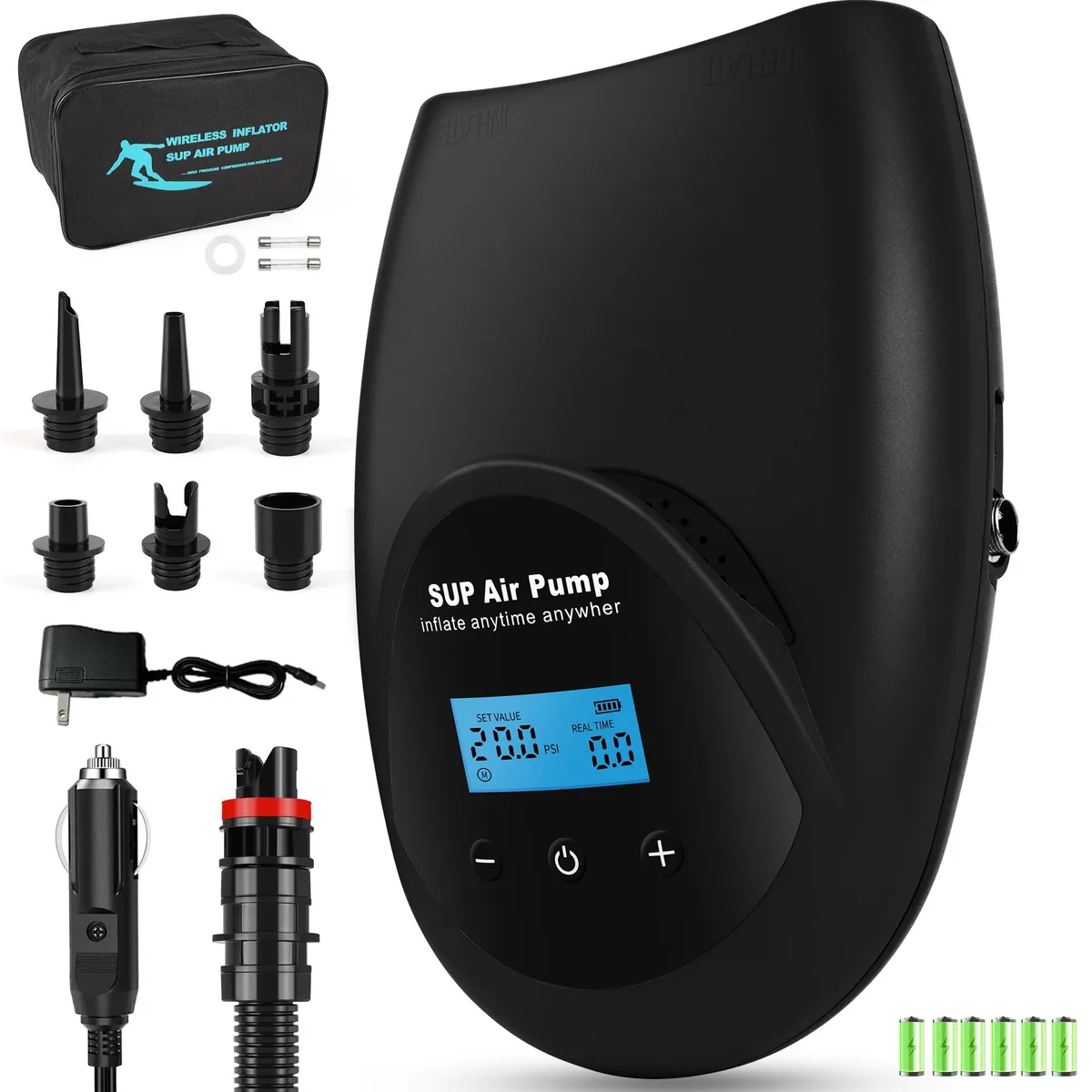 Black rectangular electric pump with LCD screen, carry handle and nozzle set