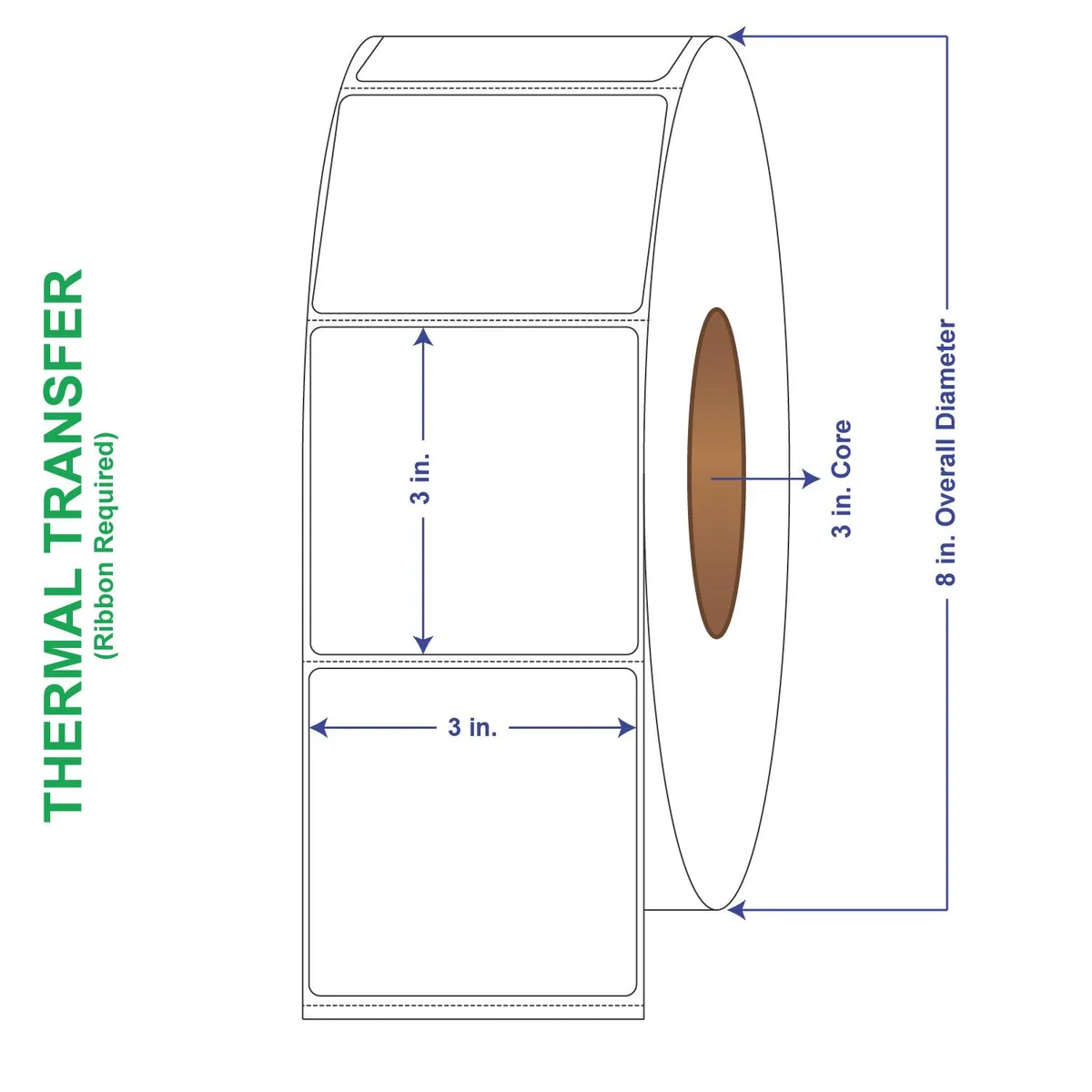 Six rolls of white perforated thermal transfer labels in a carton