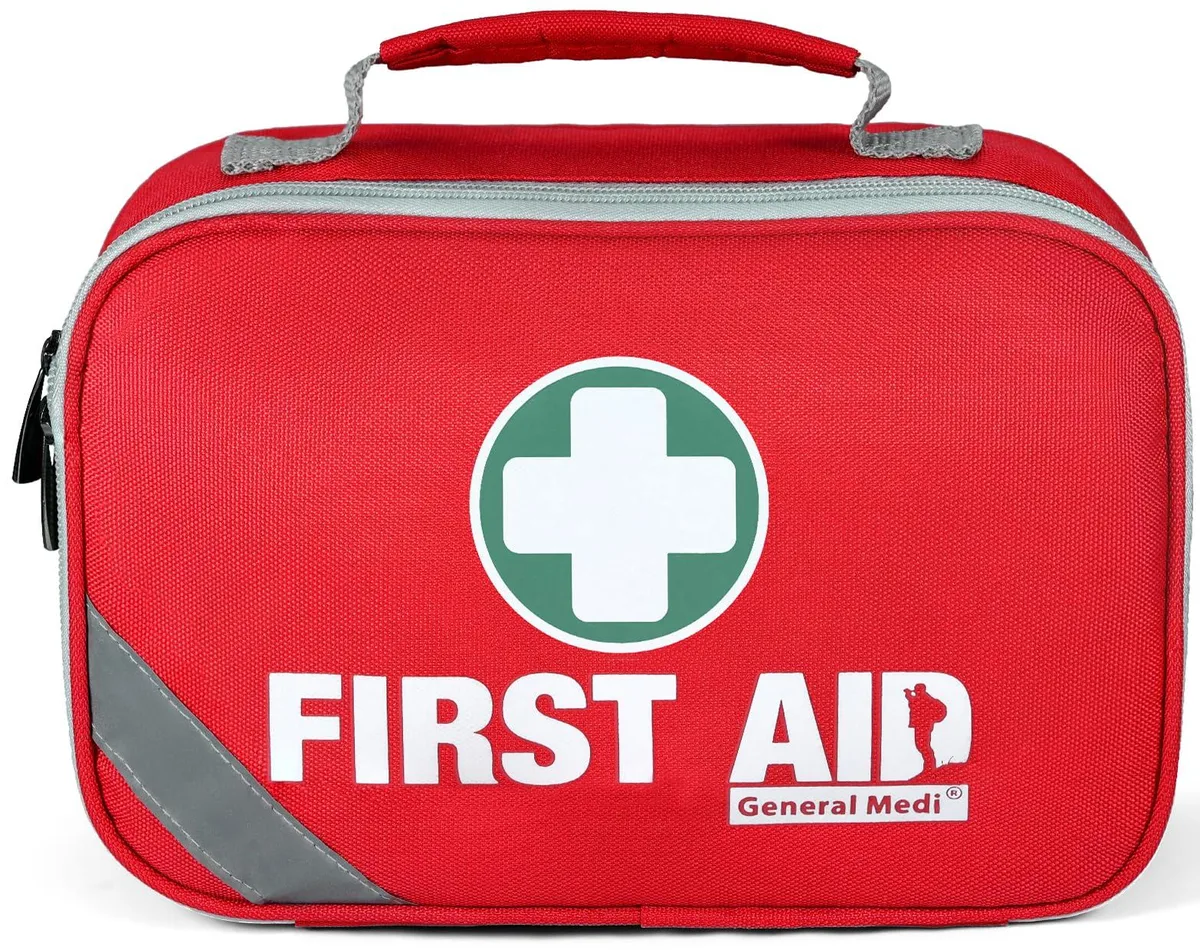 Red first aid kit box with a smaller red kit attached, compact rectangular shape, 9.8 by 6.3 by 3.5 inches