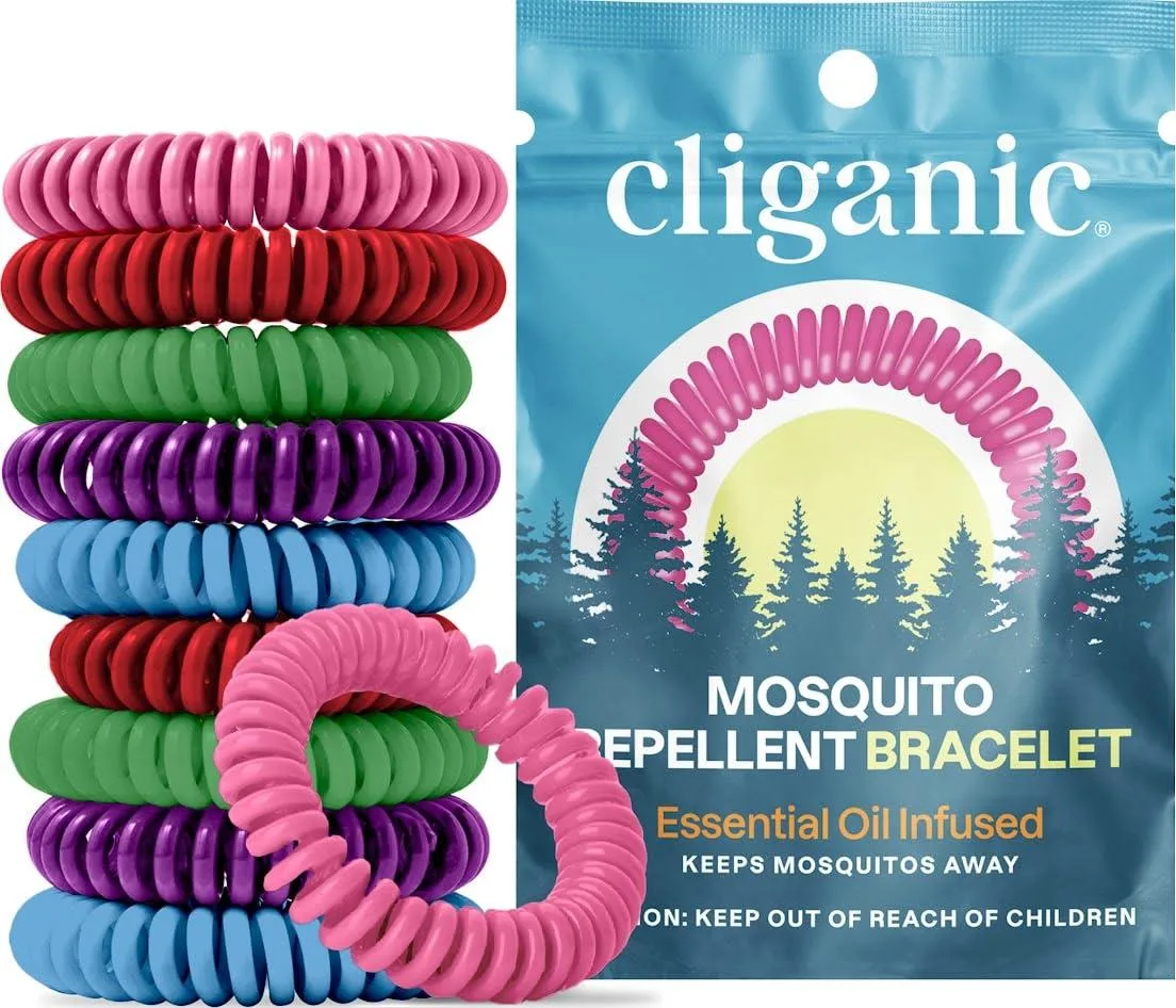 Twenty colorful stretchy mosquito-repellent bands in individual wrappers
