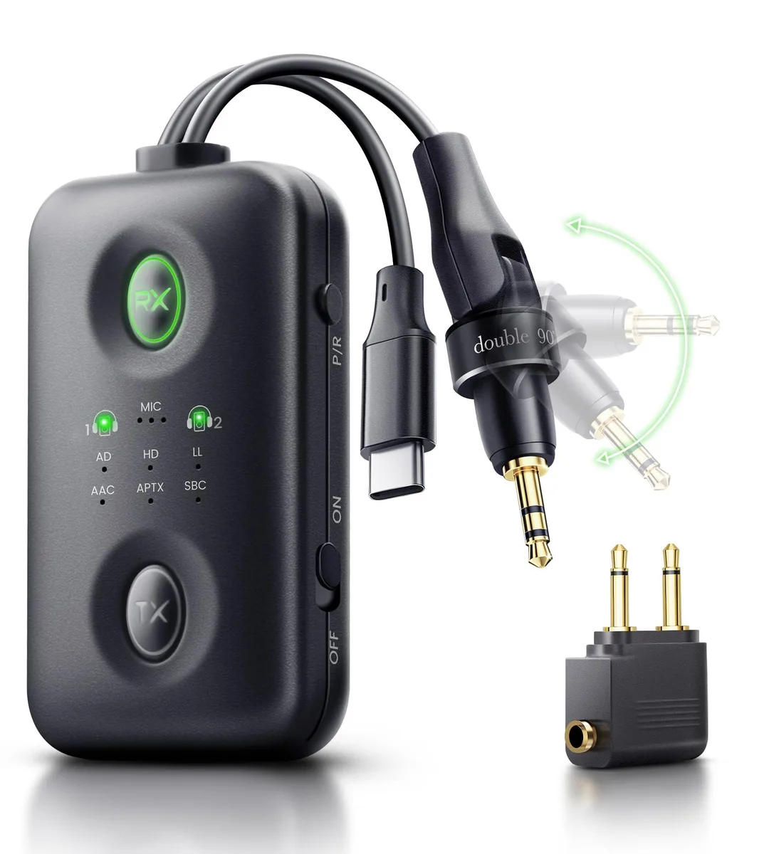  Scosche Bluetooth 5.4 Transmitter Receiver Dual-Link 180° 3.5mm USB-C 15h TX 26h RX — product photo