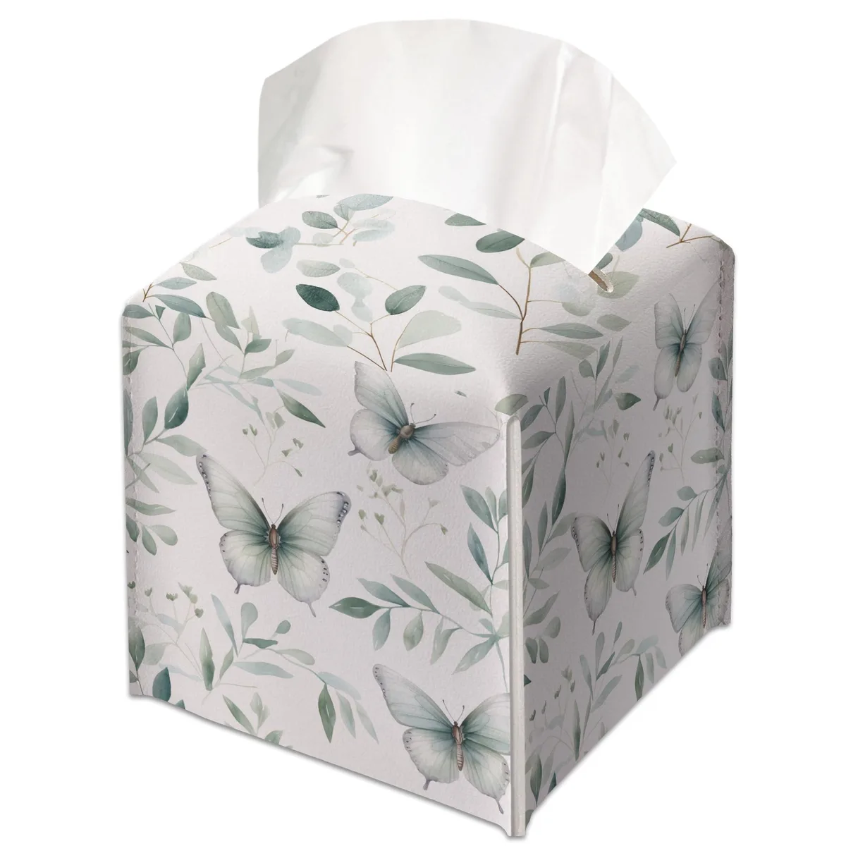 Square leather tissue box cover with butterfly print, Velcro closure, 5.2 inch cube