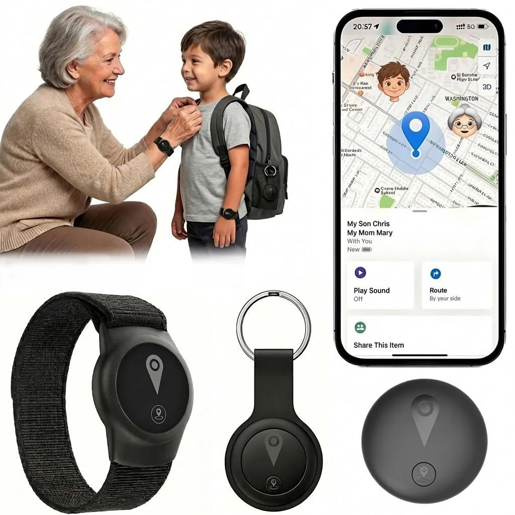  SxingUxing White-F18B GPS Tracker for Kids, Apple Find My, IP68, 1.3x1.3x.3 in, .4 oz — product photo