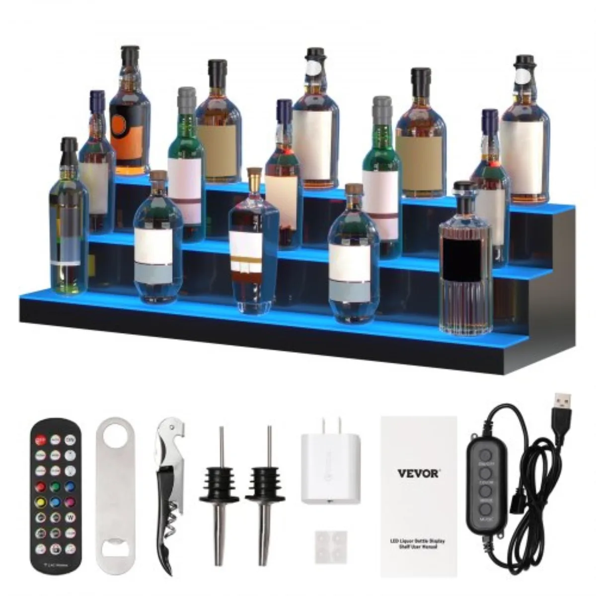 VEVOR VEVOR LED Lighted Liquor Bottle Display 3 Tier 40 Inch Acrylic Shelf RF Remote App Control — product photo