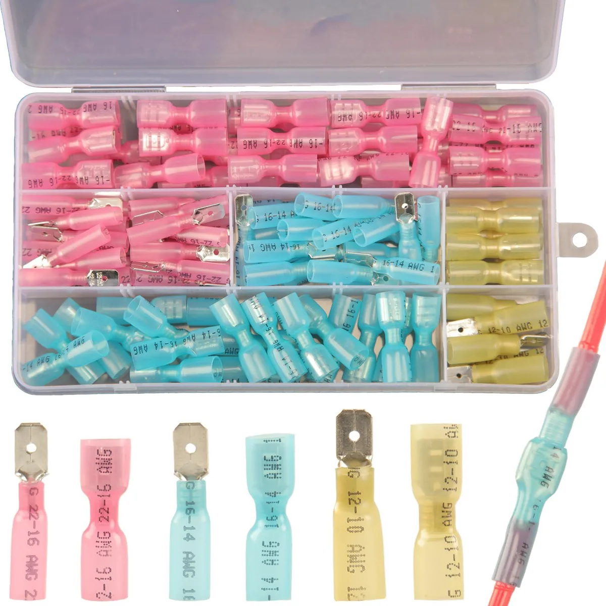 Clear box holding 112 heat-shrink spade connectors in red, blue and yellow