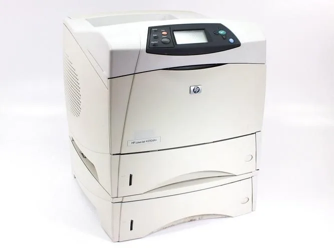 HP LaserJet 4250DTN monochrome laser printer with extra paper feeder, grey finish