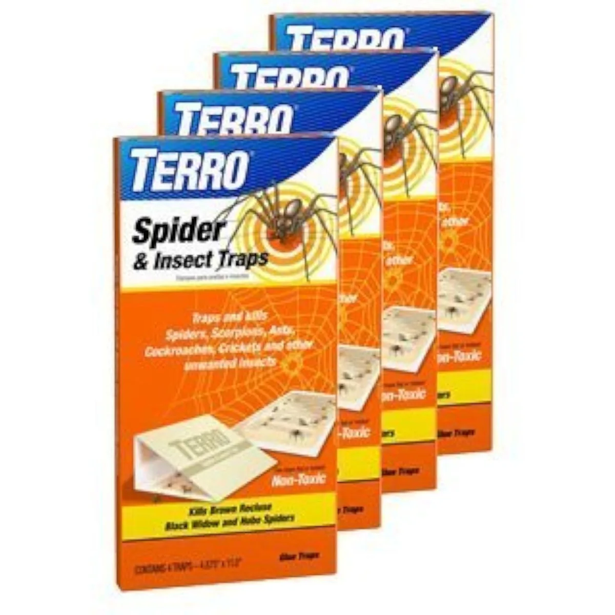Sixteen flat rectangular glue traps in a cardboard sleeve