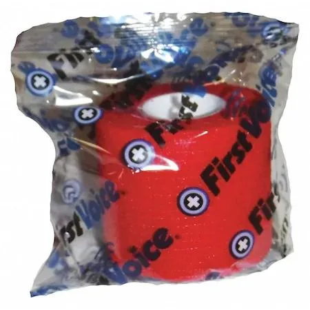 Eight red self-adhesive bandage rolls in individual poly bags