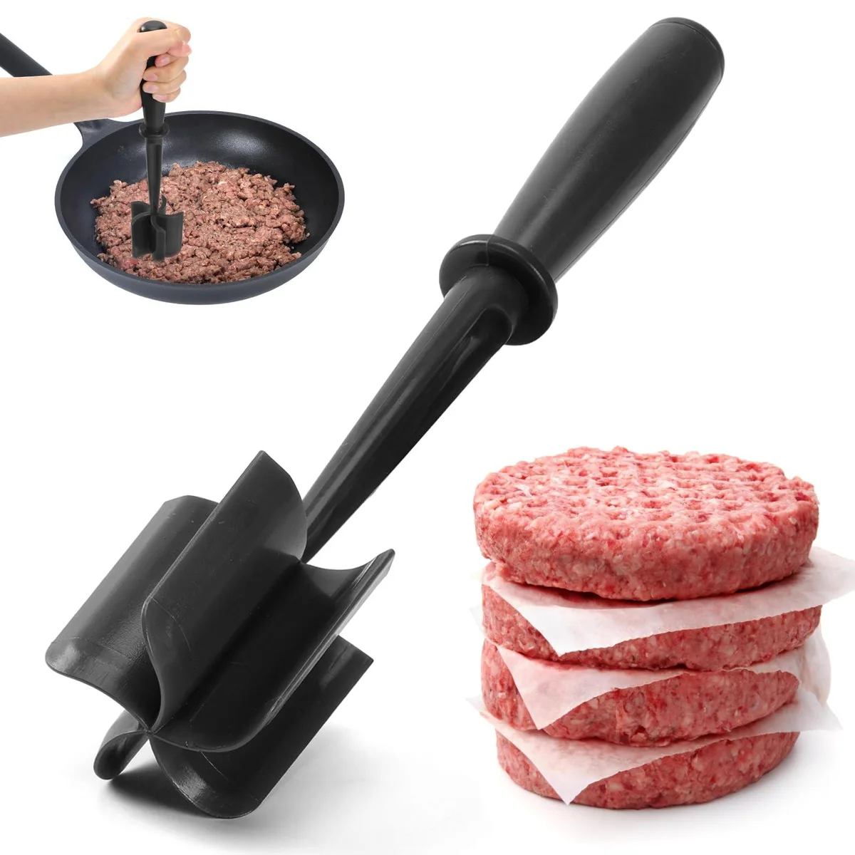 Black nylon meat chopper with five curved blades and ergonomic handle