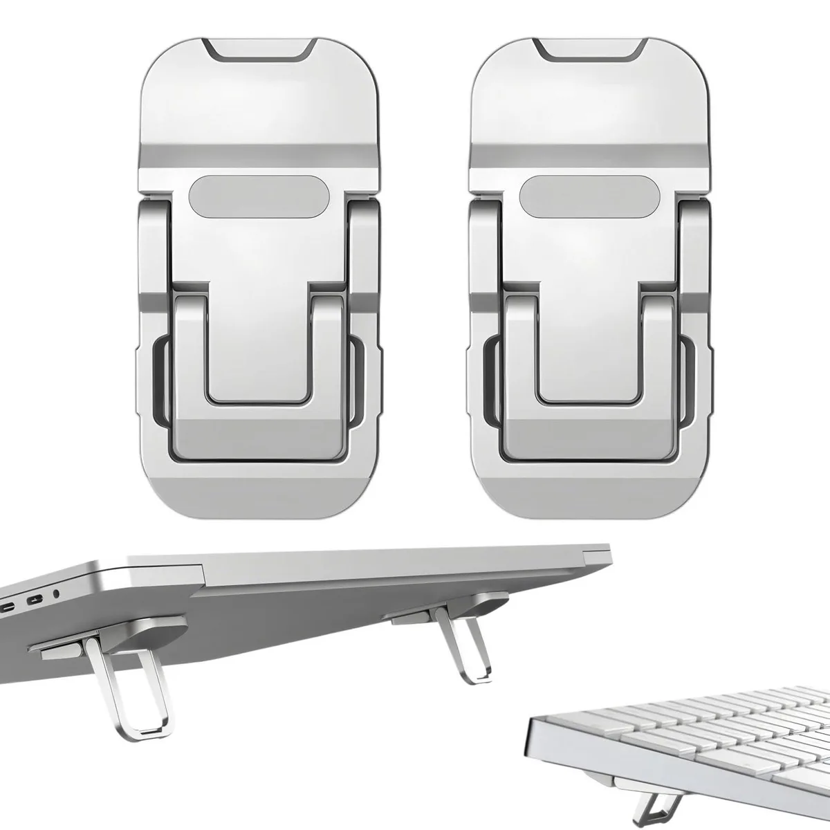 Two black zinc-alloy laptop stands folded flat with self-adhesive backs
