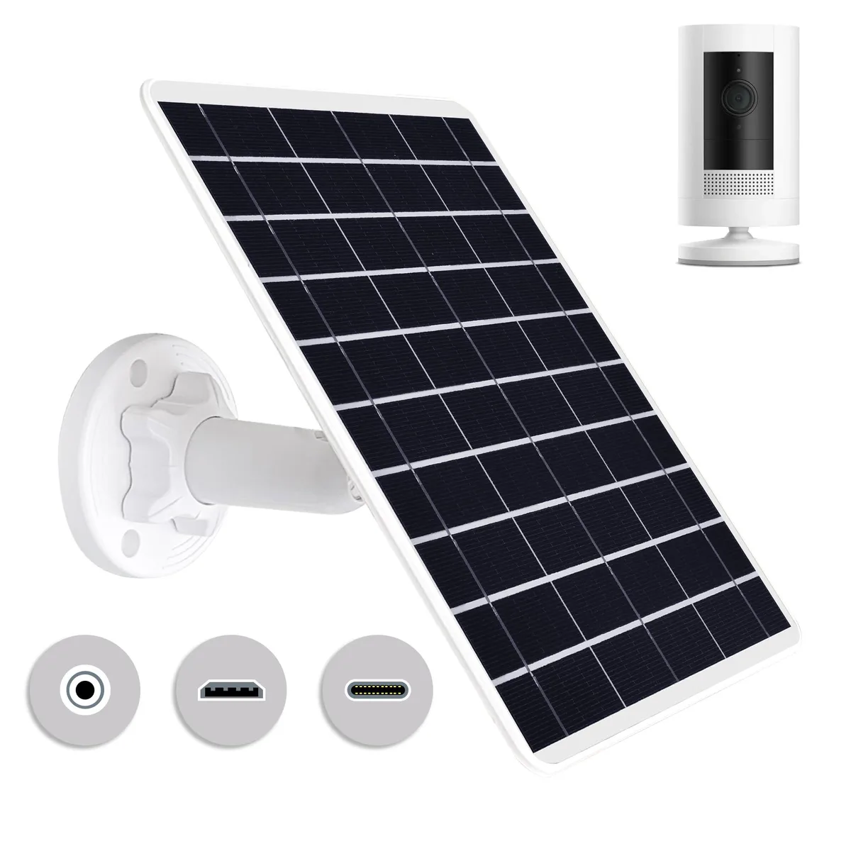 White rectangular solar panel with 360° adjustable bracket and 3.5mm, Micro USB, USB-C cables