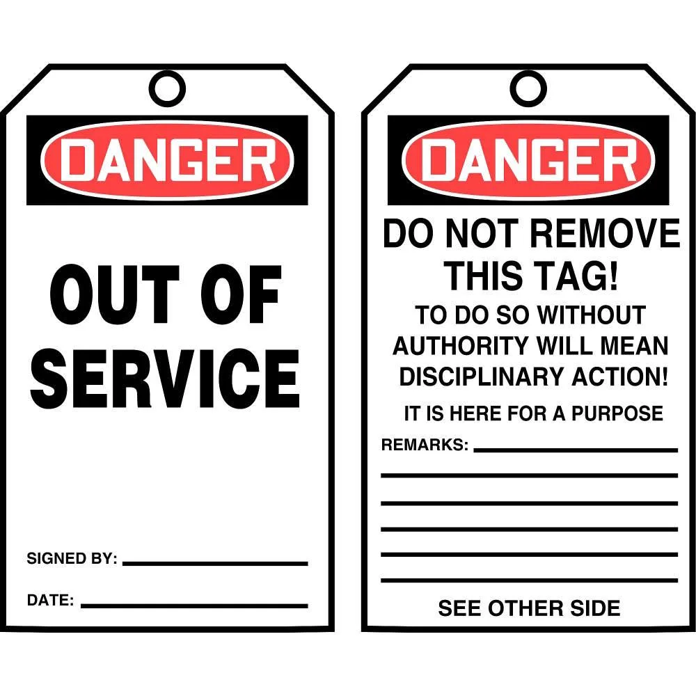 Black rectangular equipment status tag with brass grommet