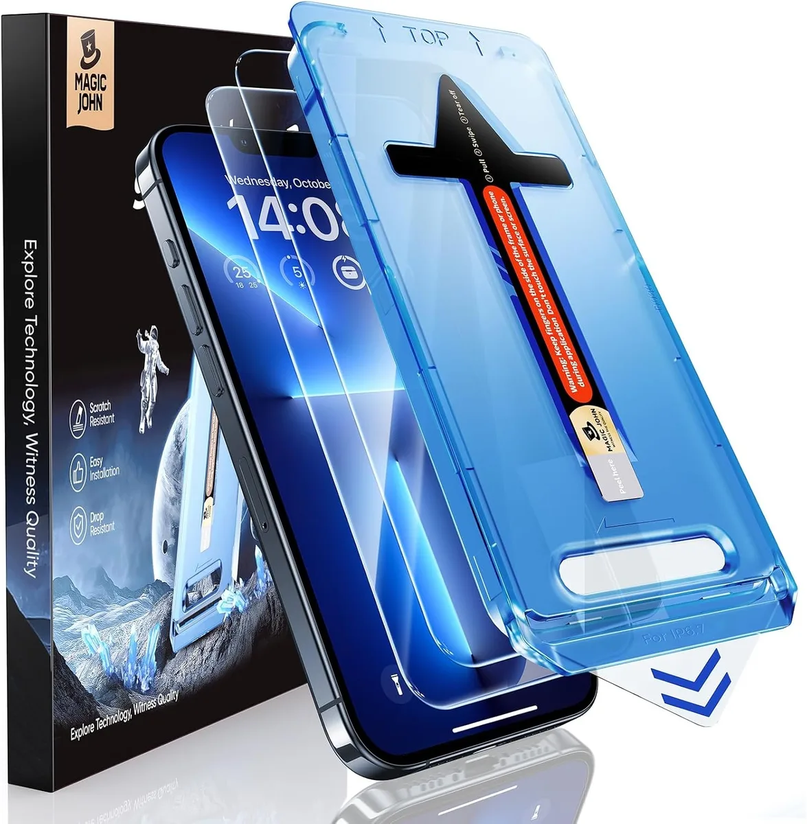 Two clear tempered glass screen protectors with installation kit for 6.7 inch iPhone 13 and 14 Plus
