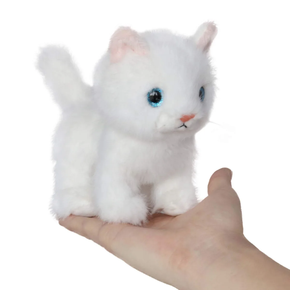 Small white plush kitten with glittering blue eyes, 6 inches tall