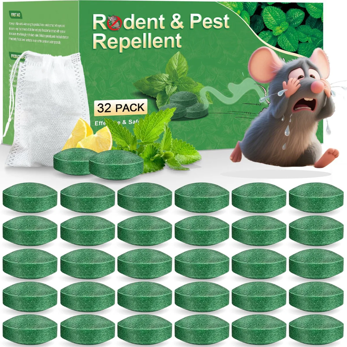 Thirty-two peppermint oil repellent balls in mesh bags, sealed plastic packaging visible