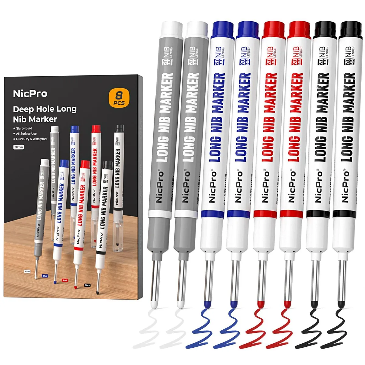  Nicpro 8 PCS Long Nib Marker Pens 20mm 1.5mm Multicolor — product photo