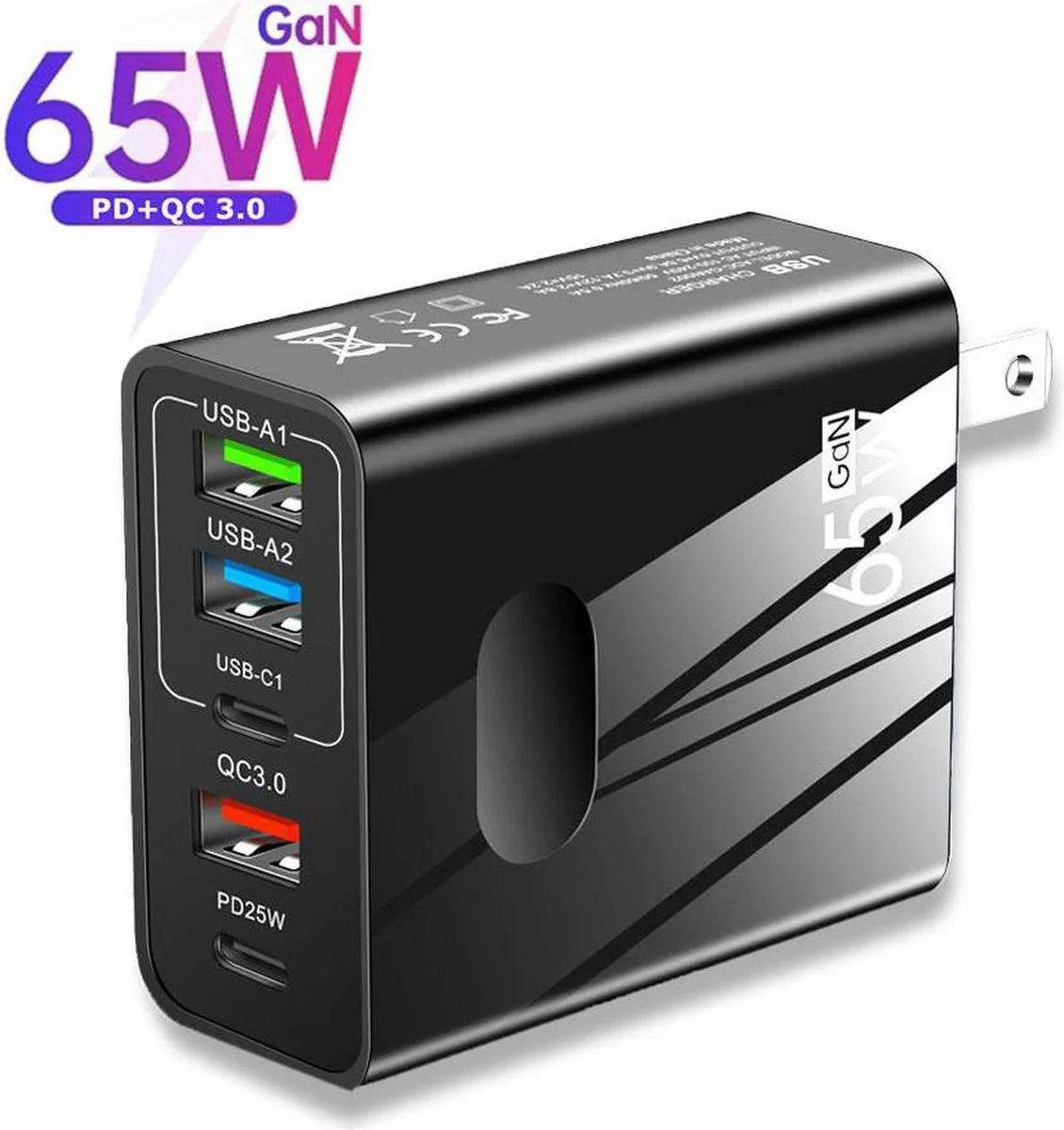 Aomoproing Aomoproing 5-Port 65W GaN Charger USB PD QC3.0 25W Type-C Black — product photo