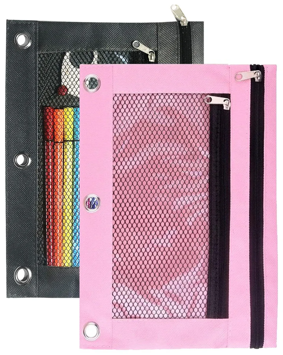 Two fabric binder pencil pouches, pink and grey, with zip closures and mesh windows