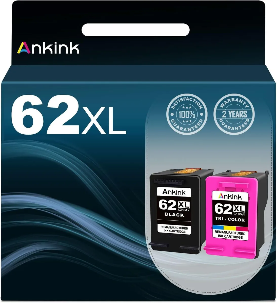Two rectangular ink cartridges, one black and one colour, in clear plastic packaging