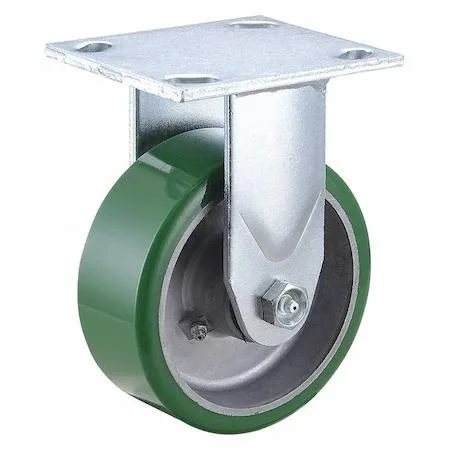 Grey metal plate caster with orange polyurethane wheel, rigid mount, 5 inch diameter
