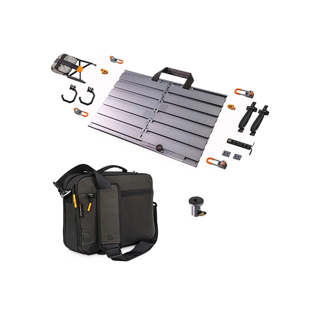 Foldable aluminum workstation plate with legs, hooks, straps, retractable holder and carry case