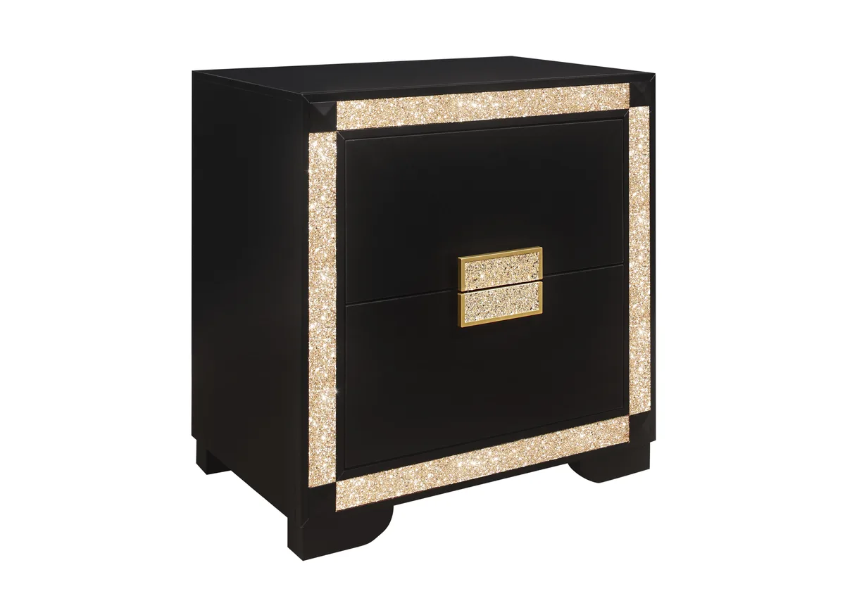 Black nightstand with gold glitter detail and thick bar handles