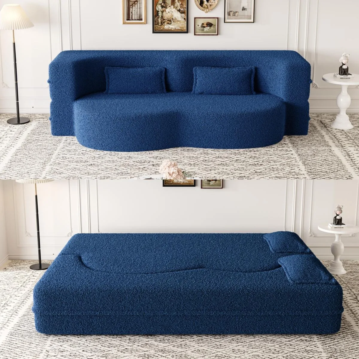 Blue teddy fabric floor sofa with two pillows folded flat 78 by 54 inches