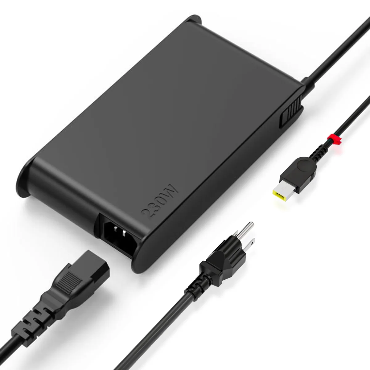 Rectangular black power brick with yellow square tip and long cable