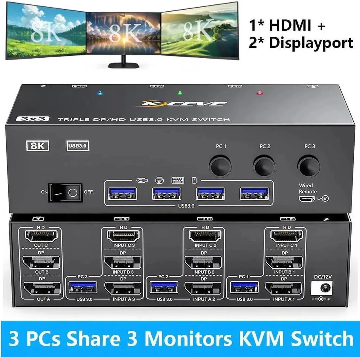 Vszerda Vszerda KVM Switch 3 Monitors 3 Computers 8K@60Hz 4K@144Hz — product photo