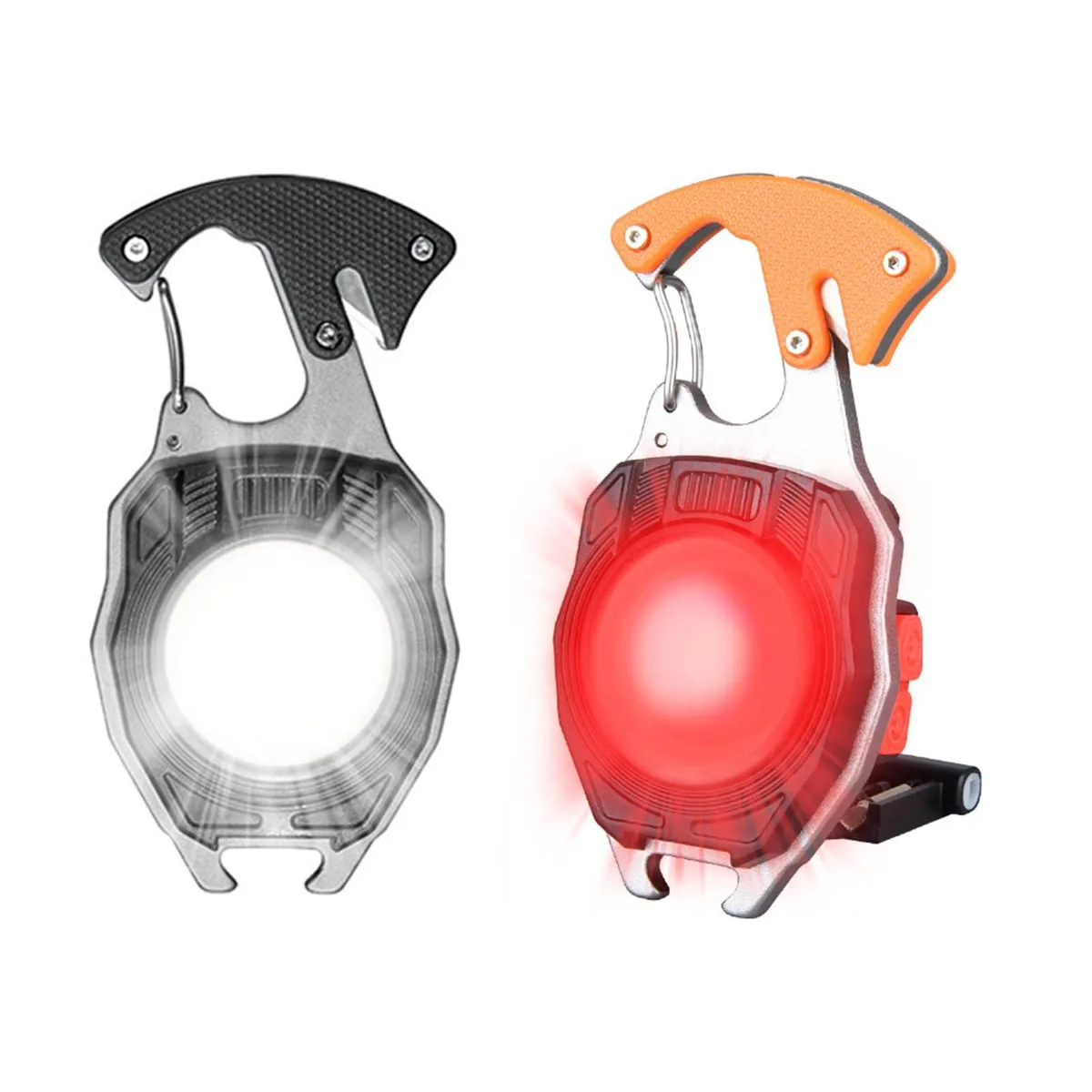 Two small metal keychain flashlights with carabiners, magnetic bases, and foldable handles
